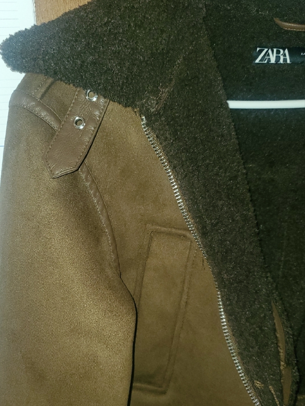 ZARA Dark Brown Shearling-Trim Bomber Jacket - Picture 3 of 9
